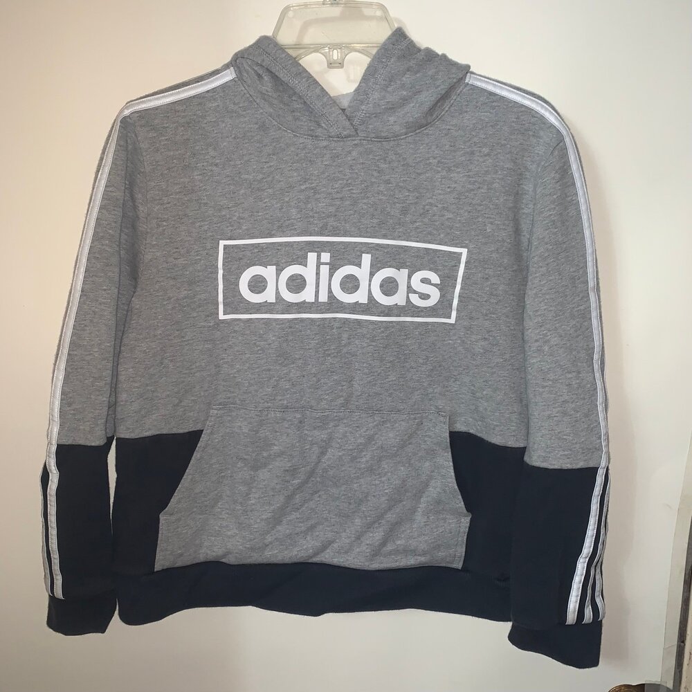 Youth Adidas 3 Stripes Pullover Hoodie Hooded Sweatshirt Sz L (14/16)Grey Black